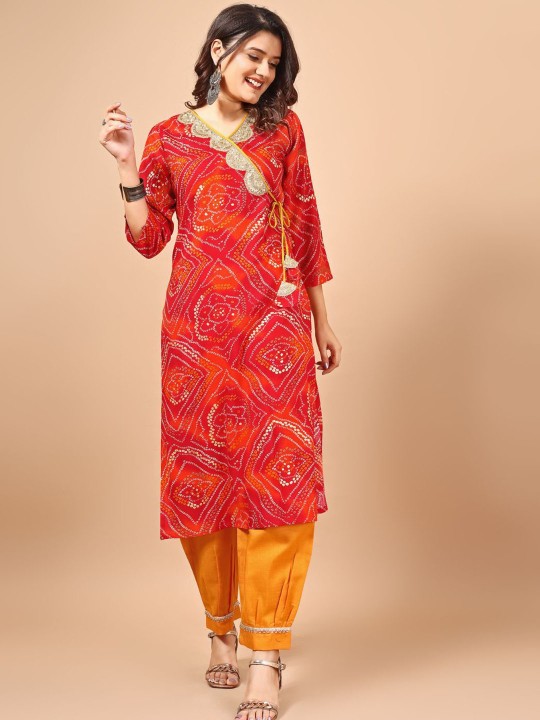 Sangria Red Bandhani Printed Angrakha Sequined Straight Kurta
